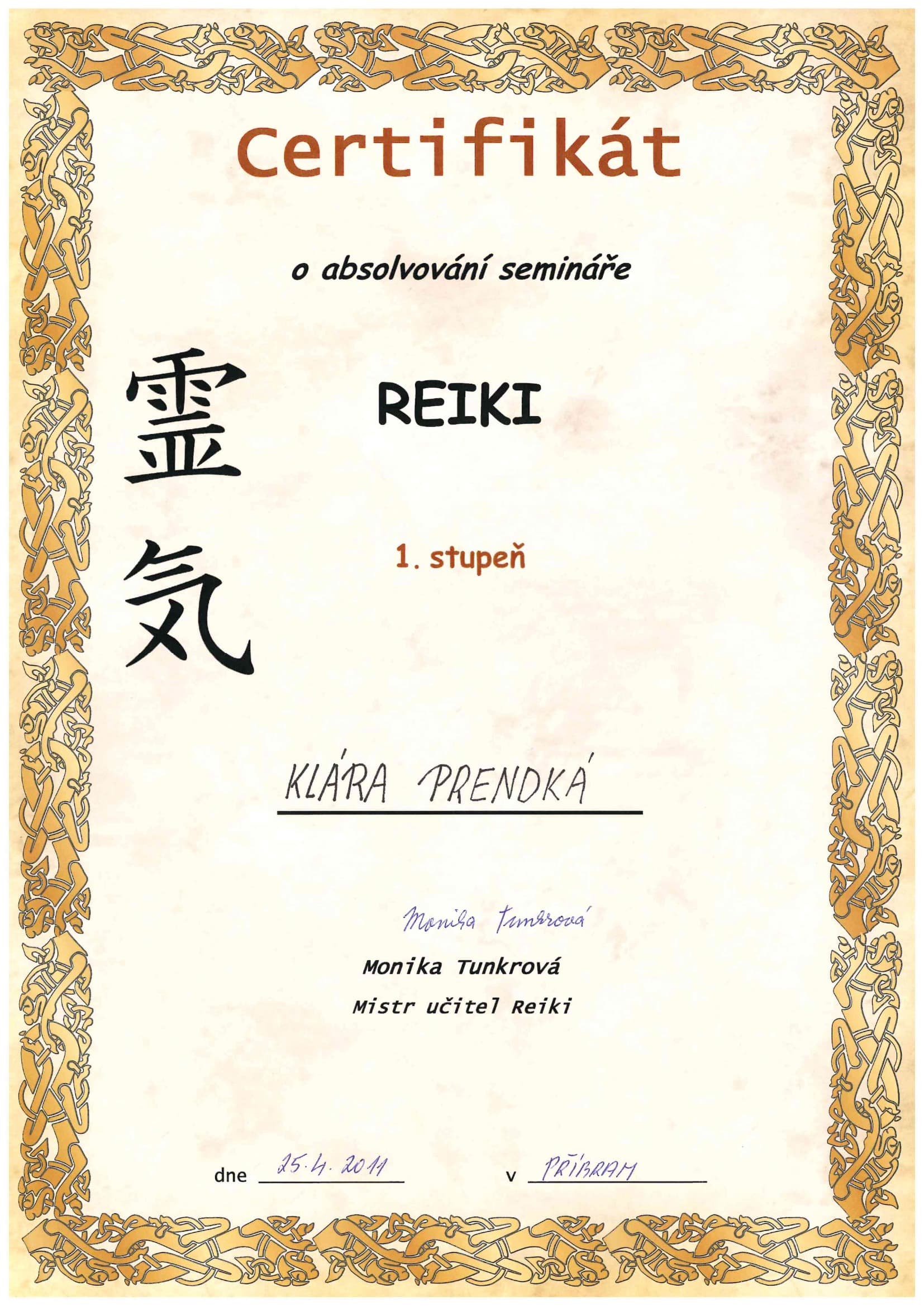 Certifikat: Reiki — Monika Tunkrová, Mistr učitel Reiki (2014)