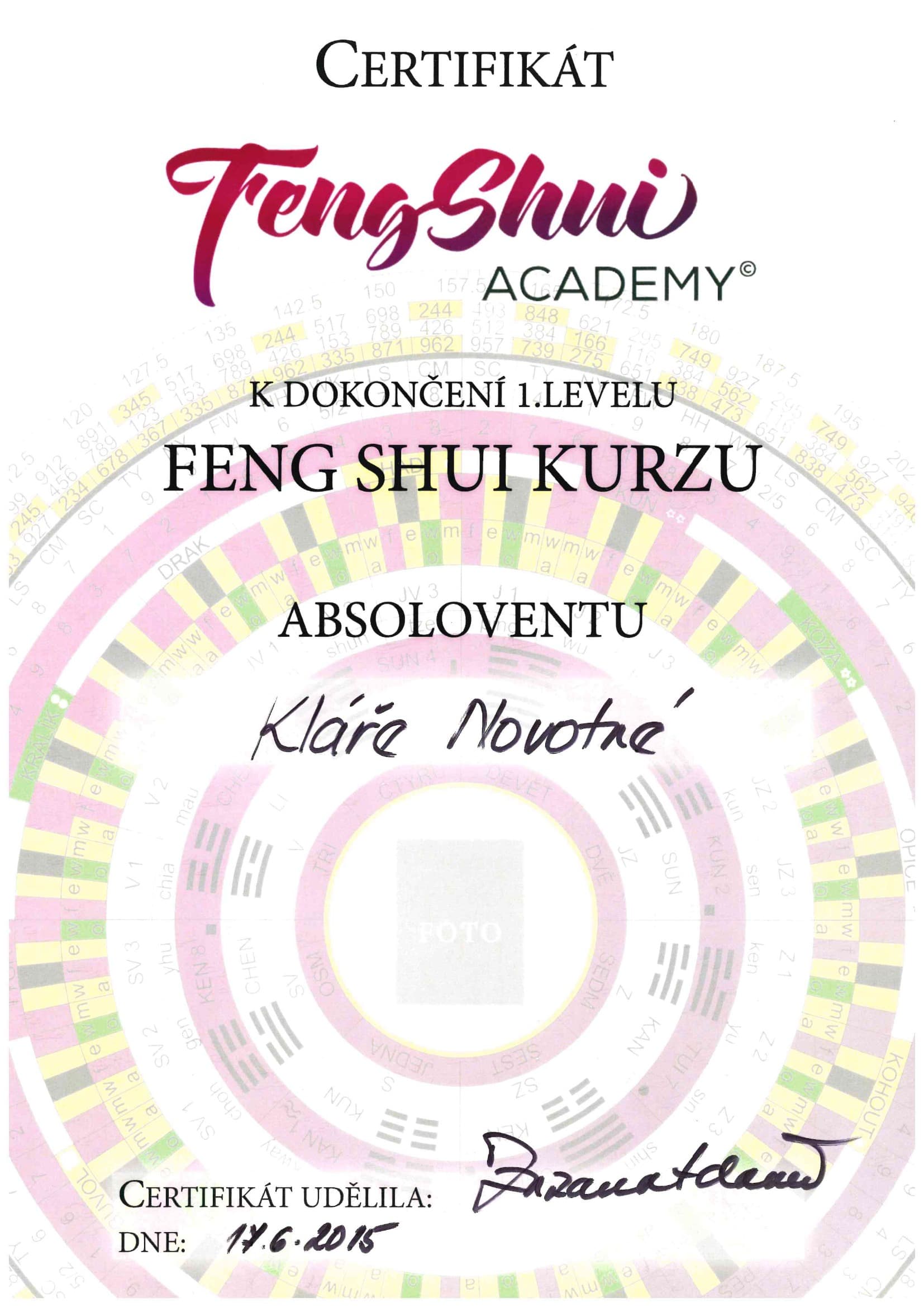 Certifikat: Feng Shui kurz — Feng Shui Academy (2015)