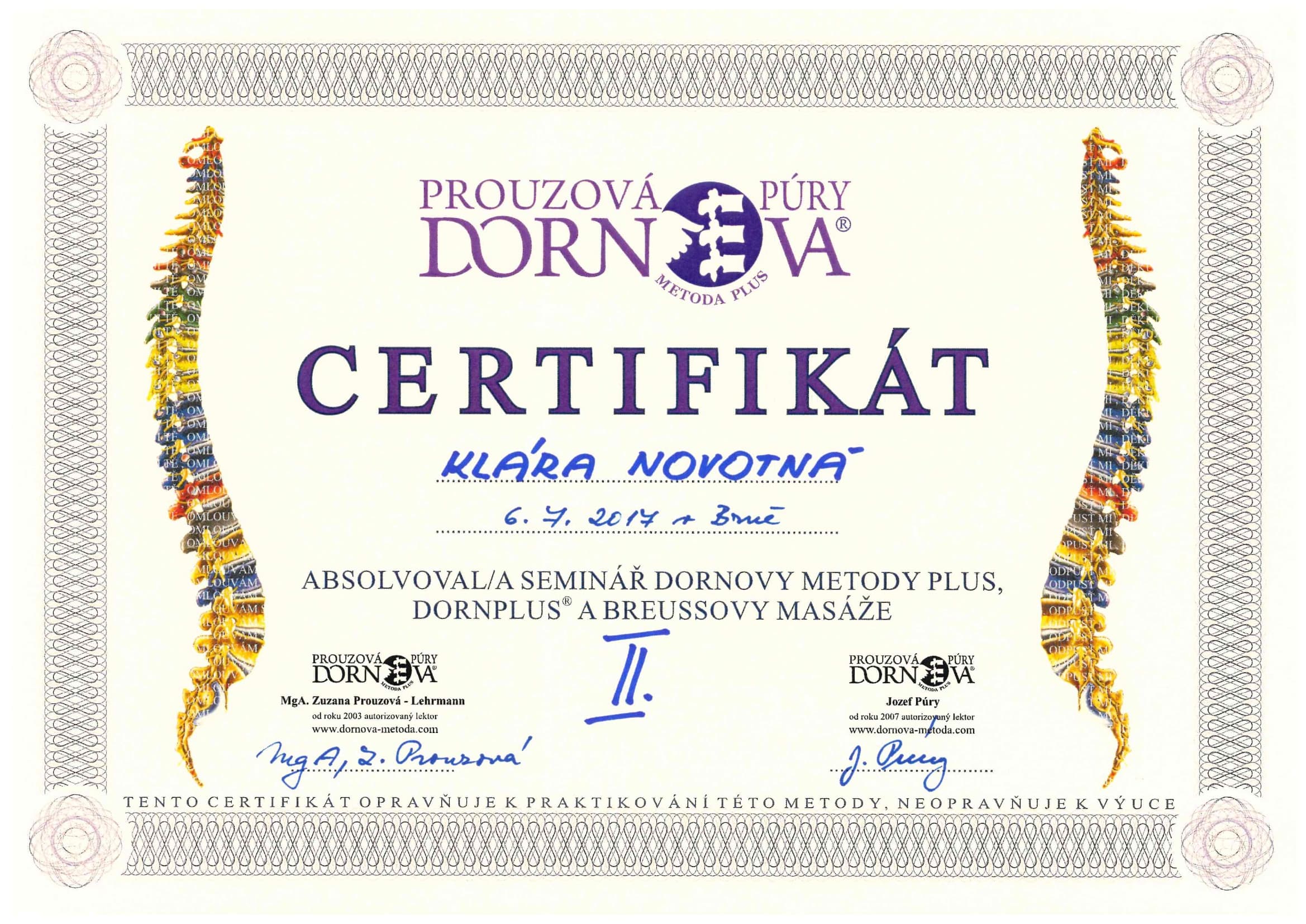 Certifikat: Dornova metoda PLUS a Breussova masáž — seminář II. — Prouzová Půry — Dornova metoda PLUS (2017)